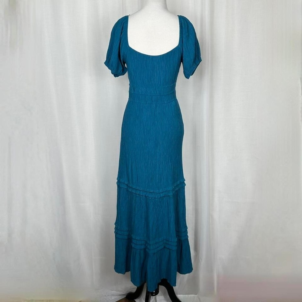 Max Ash Womens Tiered Midi Dress Medium Teal Regency Milkmaid Cottage Crinkled - Picture 4 of 7
